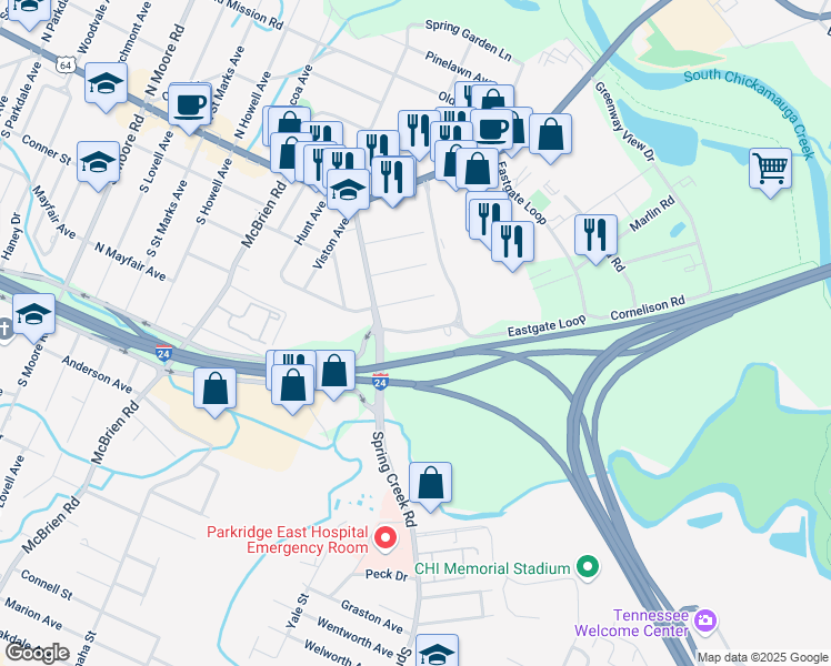 map of restaurants, bars, coffee shops, grocery stores, and more near 5511 Miller Drive in Chattanooga