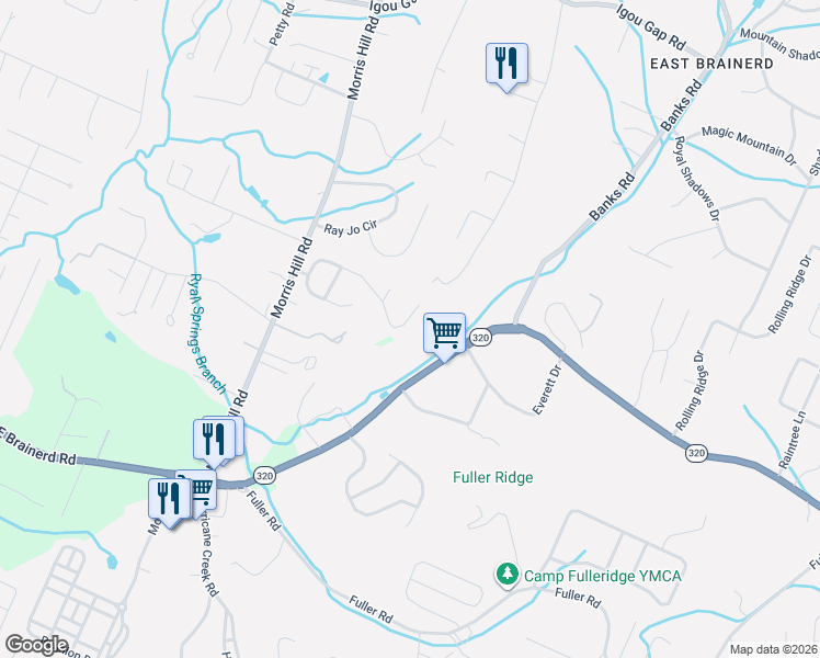 map of restaurants, bars, coffee shops, grocery stores, and more near 8511 Georgetown Trace Lane in Chattanooga