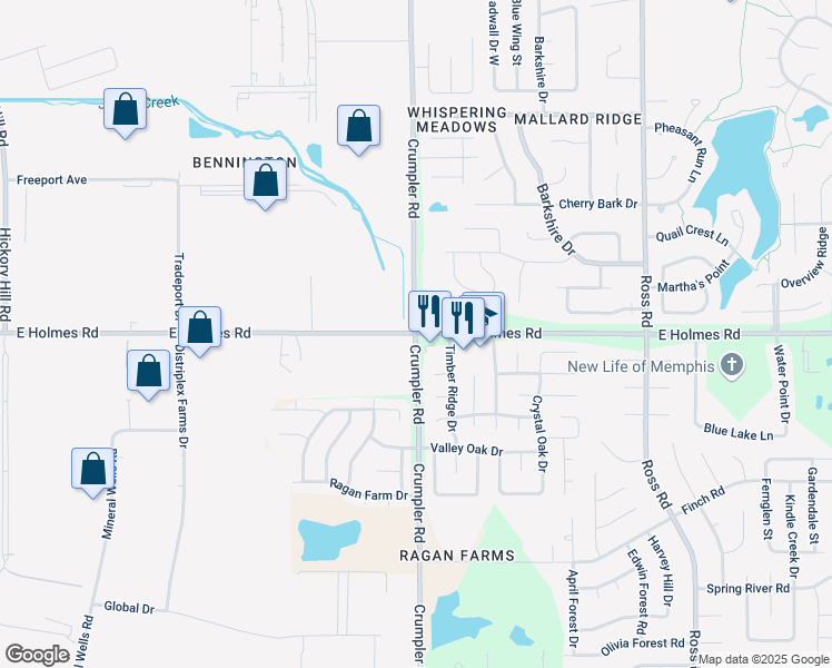 map of restaurants, bars, coffee shops, grocery stores, and more near E Holmes Rd & Crumpler Rd in Memphis