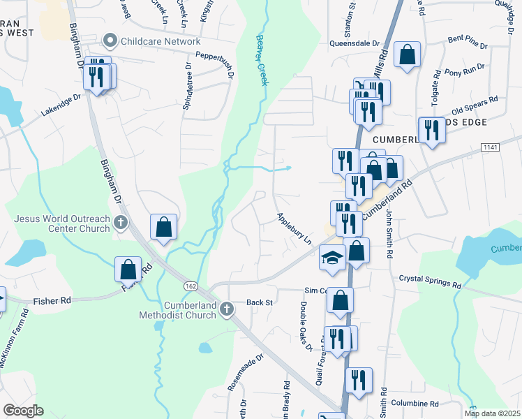map of restaurants, bars, coffee shops, grocery stores, and more near 2501 Cumberland Creek Drive in Fayetteville
