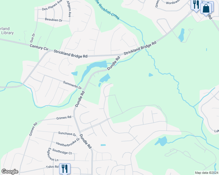 map of restaurants, bars, coffee shops, grocery stores, and more near 3604 Camberly Drive in Fayetteville