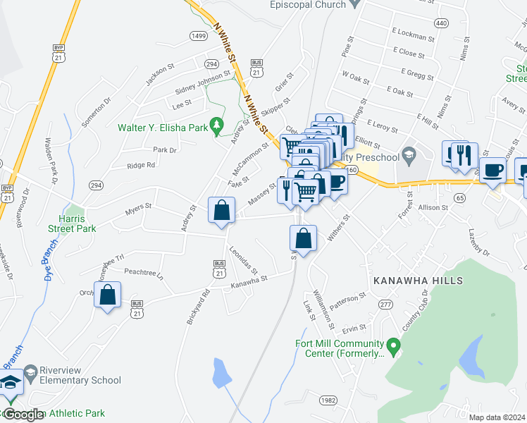 map of restaurants, bars, coffee shops, grocery stores, and more near 122 Spratt Street in Fort Mill