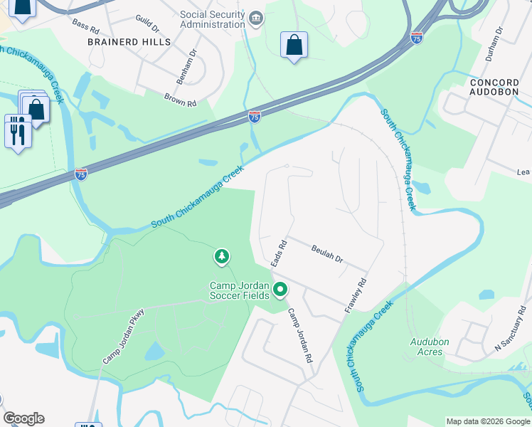map of restaurants, bars, coffee shops, grocery stores, and more near 6717 Jordan Run Road in Chattanooga