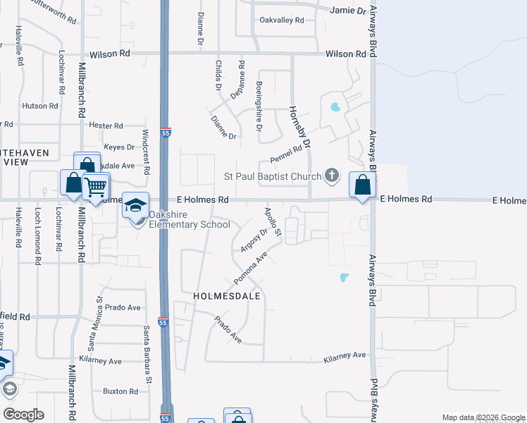 map of restaurants, bars, coffee shops, grocery stores, and more near 5232 Jordan Drive in Memphis