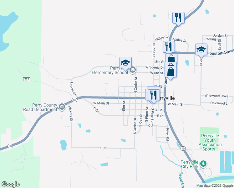 map of restaurants, bars, coffee shops, grocery stores, and more near 915 Aplin Avenue in Perryville