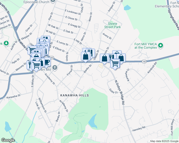 map of restaurants, bars, coffee shops, grocery stores, and more near 119 Banks Street in Fort Mill