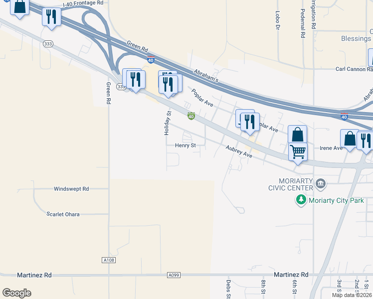 map of restaurants, bars, coffee shops, grocery stores, and more near 159 Rabbit Run Court in Moriarty