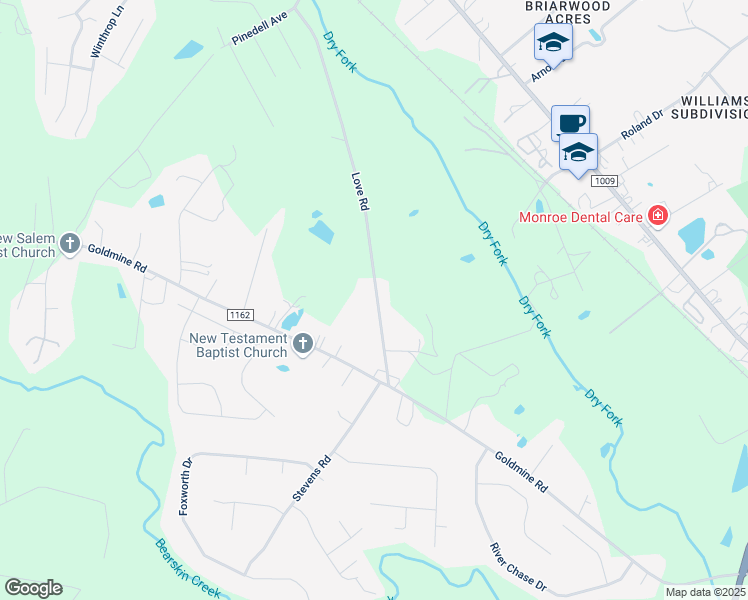 map of restaurants, bars, coffee shops, grocery stores, and more near 1403 Love Road in Monroe