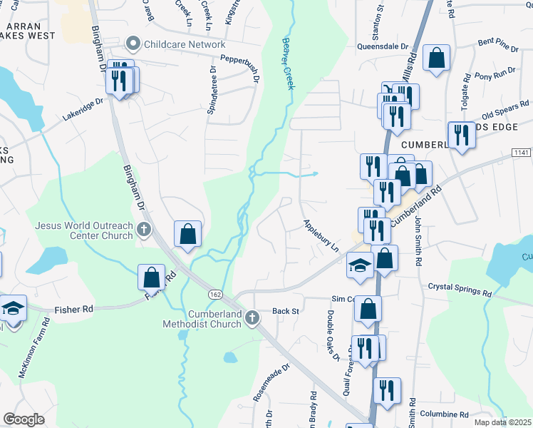 map of restaurants, bars, coffee shops, grocery stores, and more near 2324 Cumberland Gap Drive in Fayetteville