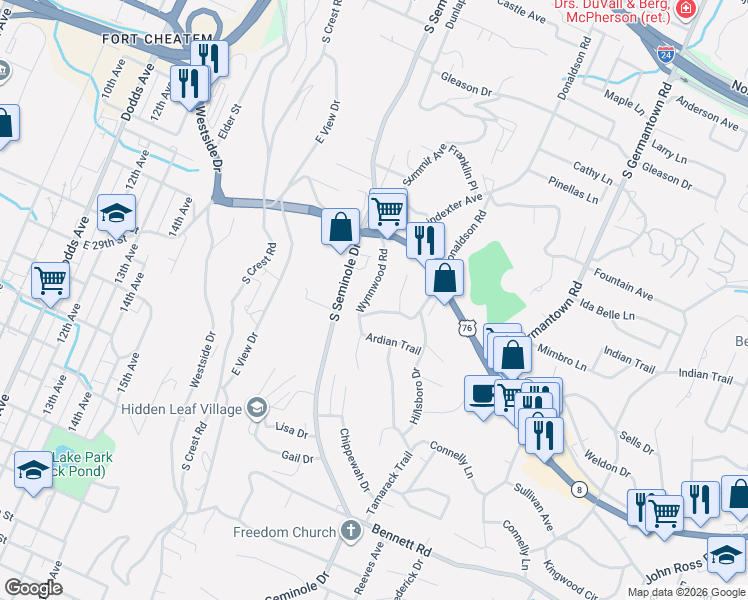 map of restaurants, bars, coffee shops, grocery stores, and more near 3211 Blackhawk Trail in Chattanooga