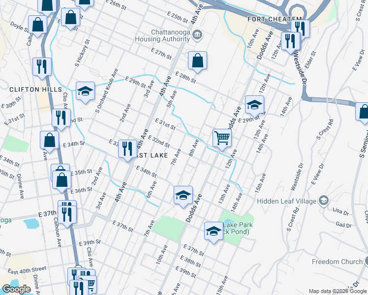 map of restaurants, bars, coffee shops, grocery stores, and more near 3200 7th Avenue in Chattanooga