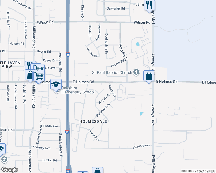 map of restaurants, bars, coffee shops, grocery stores, and more near 5232 Jordan Drive in Memphis