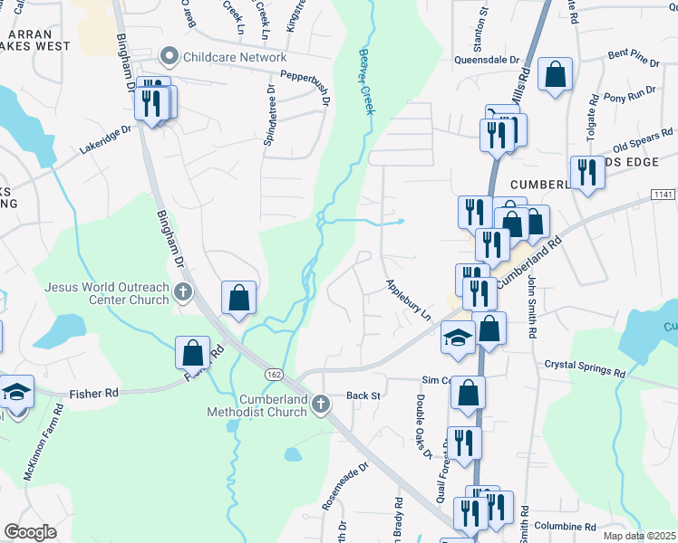 map of restaurants, bars, coffee shops, grocery stores, and more near 2324 Cumberland Gap Drive in Fayetteville