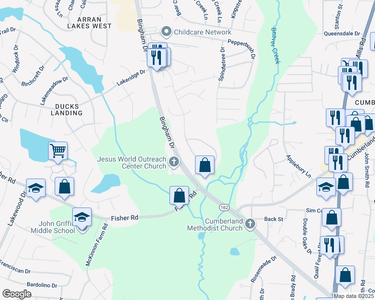 map of restaurants, bars, coffee shops, grocery stores, and more near 2520 Painters Mill Drive in Fayetteville