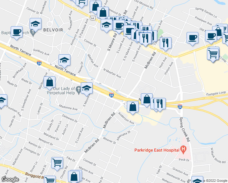 map of restaurants, bars, coffee shops, grocery stores, and more near North Terrace Road in Chattanooga