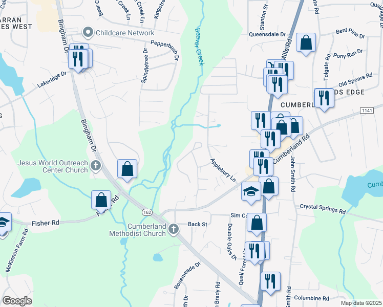 map of restaurants, bars, coffee shops, grocery stores, and more near 2325 Cumberland Gap Drive in Fayetteville