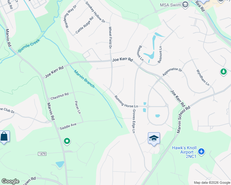 map of restaurants, bars, coffee shops, grocery stores, and more near 424 Running Horse Lane in Waxhaw
