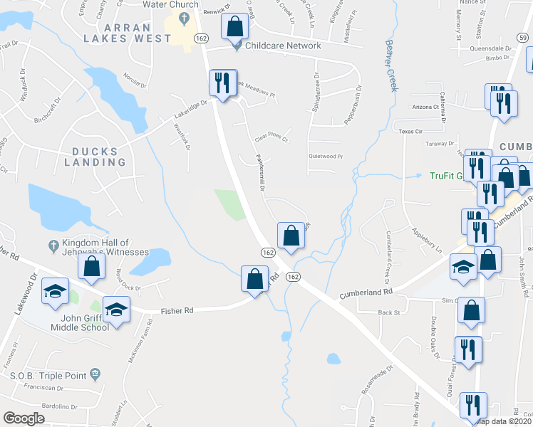map of restaurants, bars, coffee shops, grocery stores, and more near 2520 Painters Mill Drive in Fayetteville