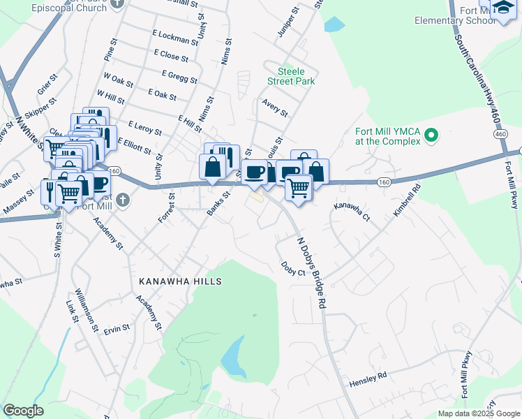 map of restaurants, bars, coffee shops, grocery stores, and more near 219 Drane Circle in Fort Mill