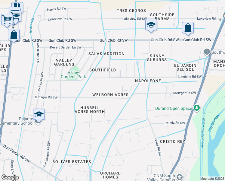 map of restaurants, bars, coffee shops, grocery stores, and more near 2401 Metzgar Road Southwest in Albuquerque