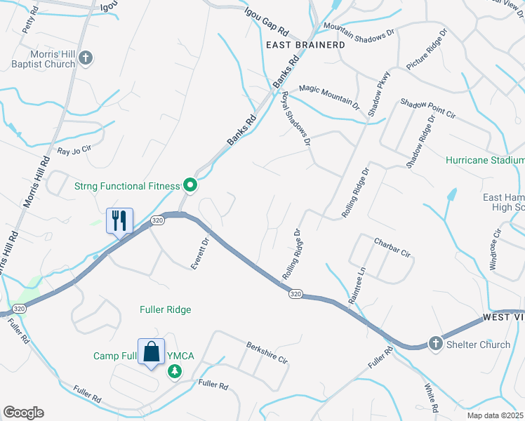 map of restaurants, bars, coffee shops, grocery stores, and more near 1641 Hamlet Drive in Chattanooga