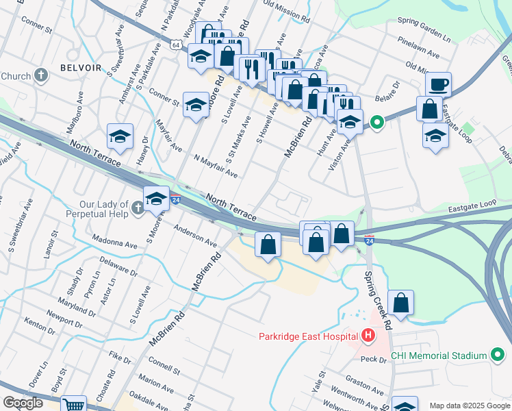 map of restaurants, bars, coffee shops, grocery stores, and more near 321 Mcbrien Road in Chattanooga