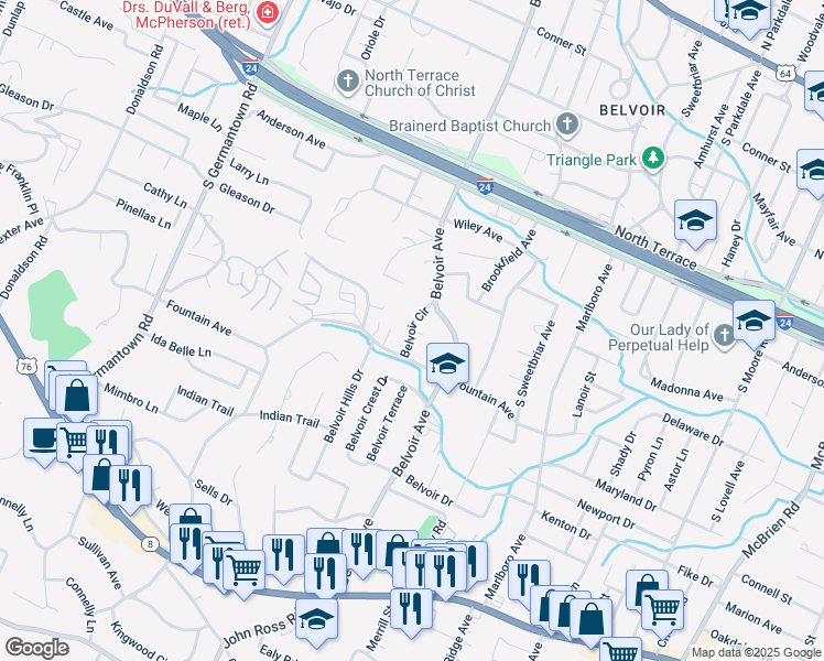 map of restaurants, bars, coffee shops, grocery stores, and more near 703 Barlow Way in East Ridge