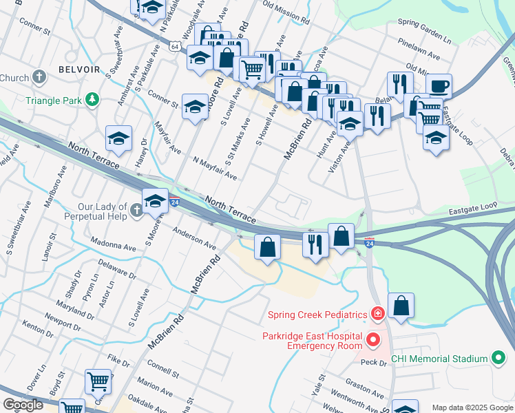 map of restaurants, bars, coffee shops, grocery stores, and more near 316 Mcbrien Road in Chattanooga