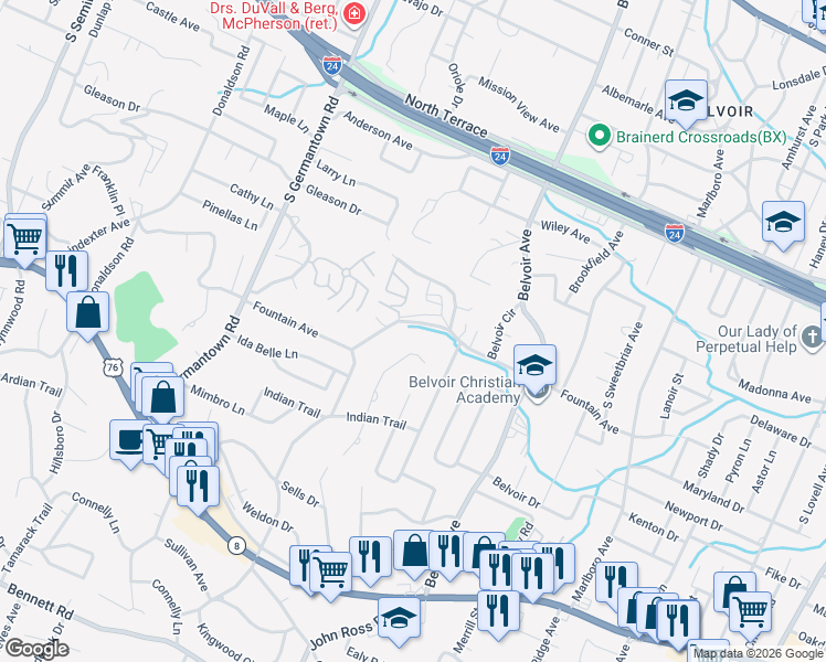 map of restaurants, bars, coffee shops, grocery stores, and more near 807 Mount Belvoir Drive in Chattanooga