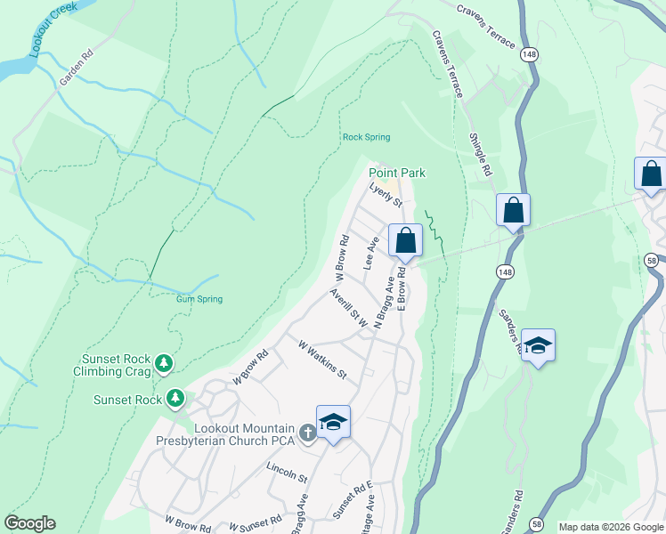 map of restaurants, bars, coffee shops, grocery stores, and more near 708 West Brow Road in Lookout Mountain