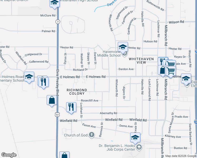 map of restaurants, bars, coffee shops, grocery stores, and more near 1357 East Holmes Road in Memphis