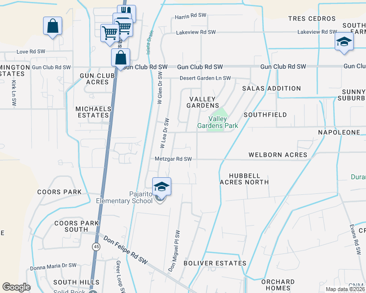 map of restaurants, bars, coffee shops, grocery stores, and more near 2607 Metzgar Road Southwest in Albuquerque