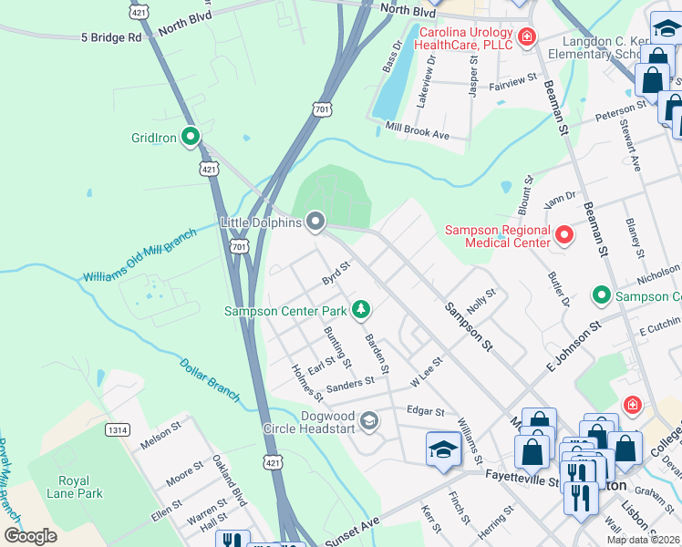 map of restaurants, bars, coffee shops, grocery stores, and more near 1005 Barden Street in Clinton