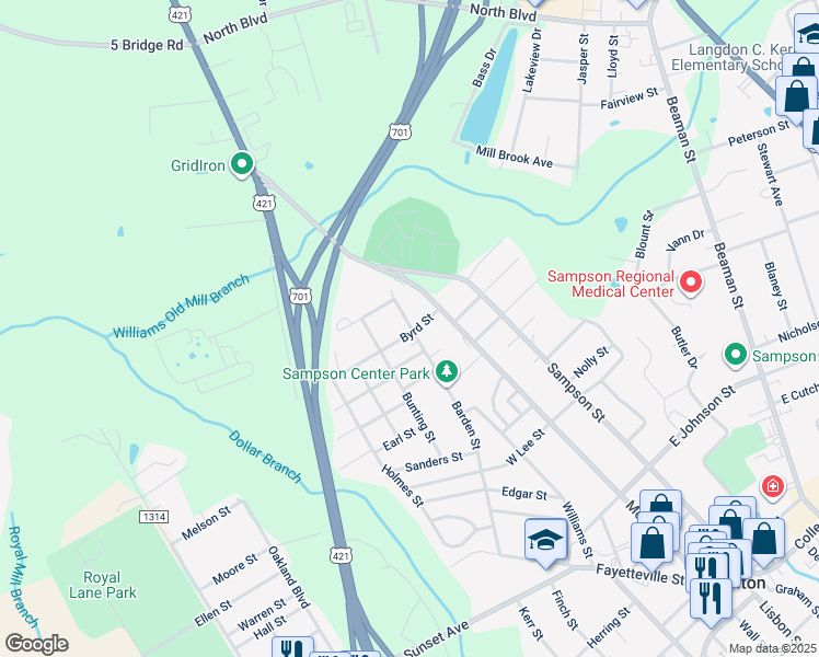 map of restaurants, bars, coffee shops, grocery stores, and more near 1111 Barden Street in Clinton