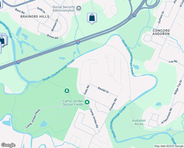 map of restaurants, bars, coffee shops, grocery stores, and more near 201 Eads Street in East Ridge