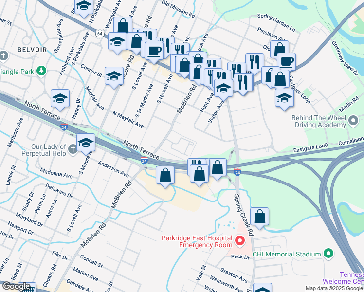 map of restaurants, bars, coffee shops, grocery stores, and more near 312 Mcbrien Road in Chattanooga
