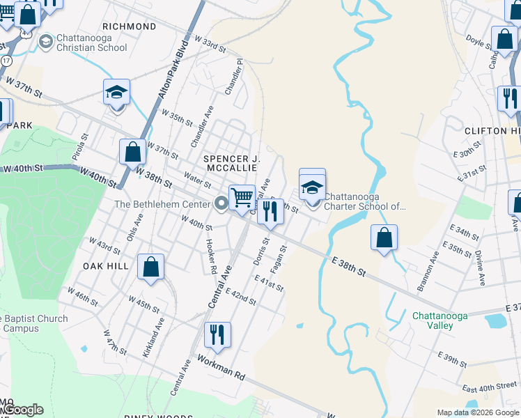 map of restaurants, bars, coffee shops, grocery stores, and more near 3729 Dorris Street in Chattanooga