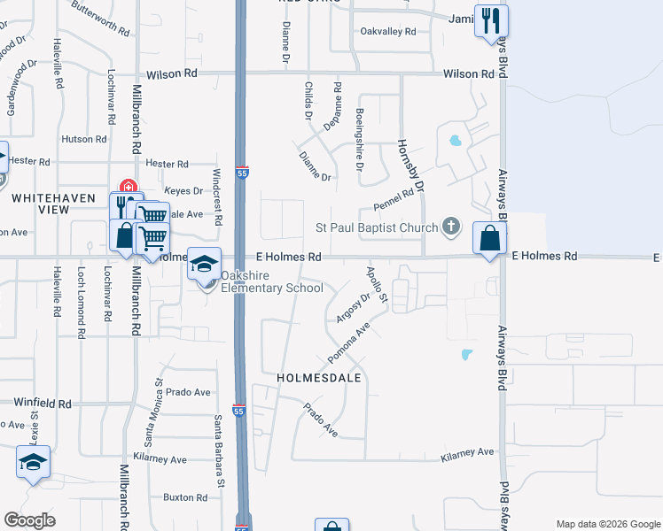 map of restaurants, bars, coffee shops, grocery stores, and more near 1956 Ponderosa Avenue in Memphis