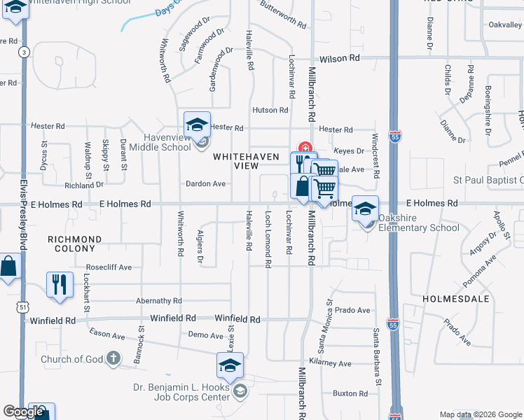map of restaurants, bars, coffee shops, grocery stores, and more near 5237 Loch Lomond Road in Memphis