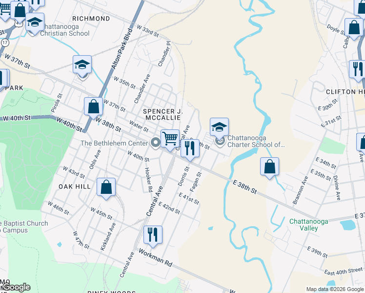 map of restaurants, bars, coffee shops, grocery stores, and more near 3729 Dorris Street in Chattanooga