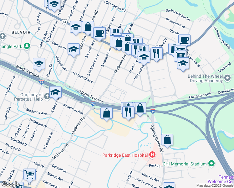 map of restaurants, bars, coffee shops, grocery stores, and more near 312 Mcbrien Road in Chattanooga