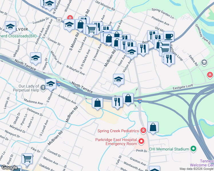 map of restaurants, bars, coffee shops, grocery stores, and more near 312 Mcbrien Road in Chattanooga