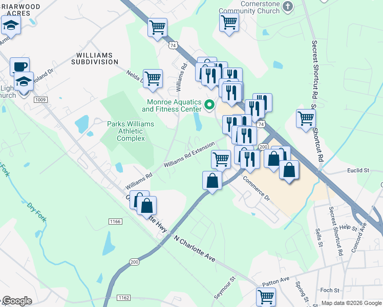 map of restaurants, bars, coffee shops, grocery stores, and more near Williams Road Extension in Monroe
