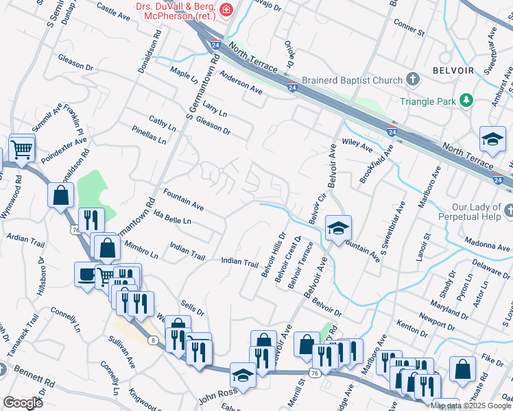map of restaurants, bars, coffee shops, grocery stores, and more near 3724 Fountain Avenue in Chattanooga