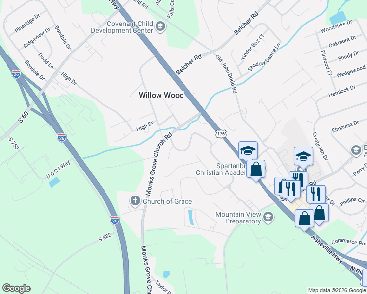 map of restaurants, bars, coffee shops, grocery stores, and more near 61 Willowood Drive in Spartanburg