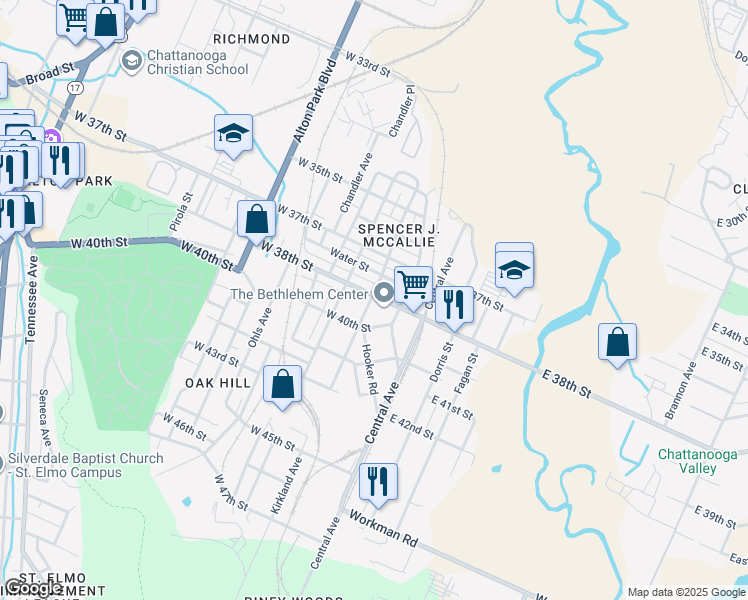 map of restaurants, bars, coffee shops, grocery stores, and more near 200 W 38th St in Chattanooga