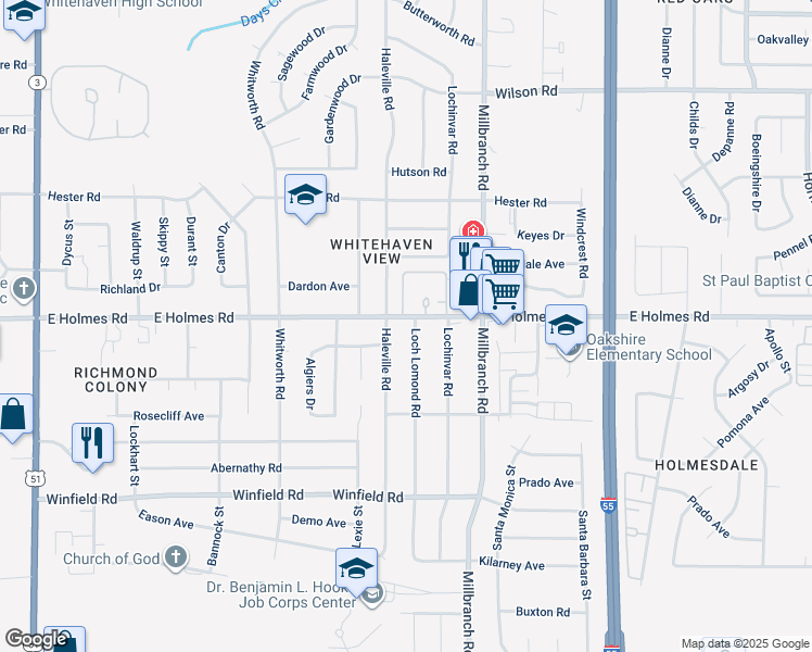 map of restaurants, bars, coffee shops, grocery stores, and more near 5237 Loch Lomond Road in Memphis