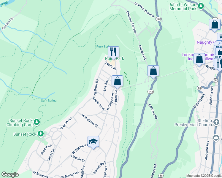 map of restaurants, bars, coffee shops, grocery stores, and more near 829 North Bragg Avenue in Lookout Mountain
