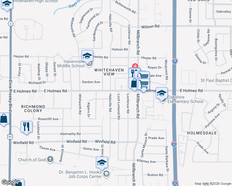 map of restaurants, bars, coffee shops, grocery stores, and more near 5237 Loch Lomond Road in Memphis