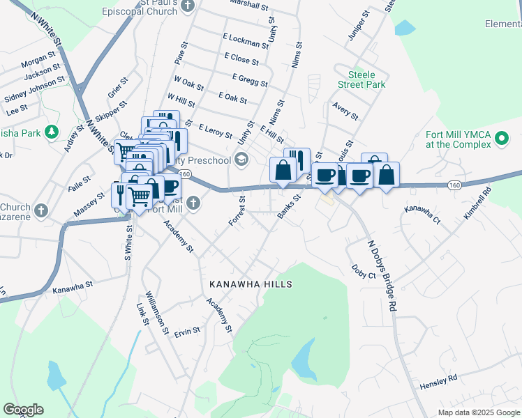 map of restaurants, bars, coffee shops, grocery stores, and more near 109 Allison Street in Fort Mill